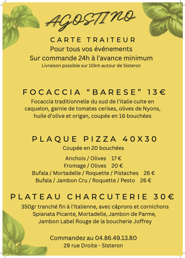 Carte traiteur italien evenements mariage a Sisteron et alentours 